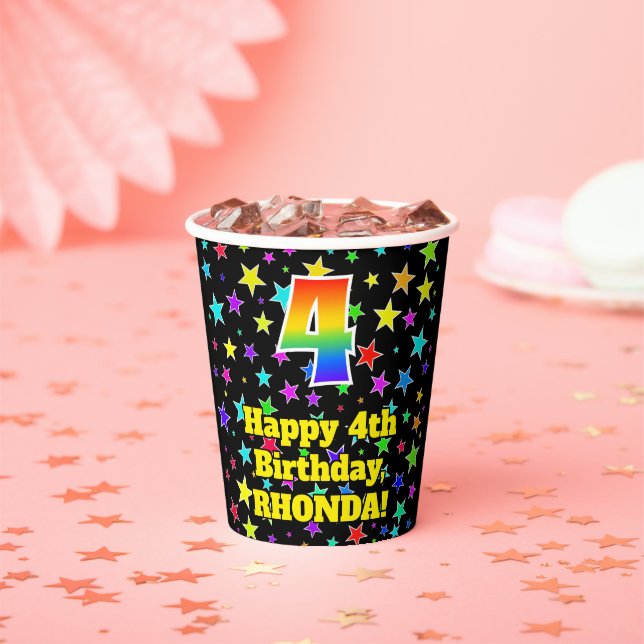 4th Birthday: Fun Stars Pattern and Rainbow 4 Paper Cups (Insitu)