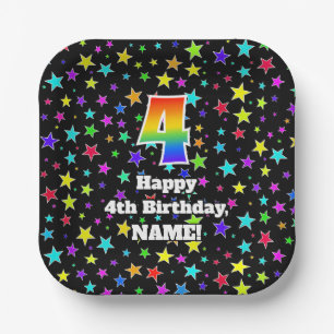 4th Birthday: Fun Stars Pattern and Rainbow “4 Paper Plate