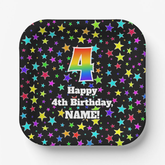 4th Birthday: Fun Stars Pattern and Rainbow “4” Paper Plate (Front)