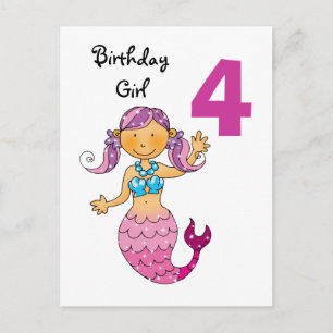 4th birthday gift for a girl, cute mermaid postcard