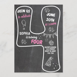 4th Birthday Girl Chalkboard Pink Number Invitation