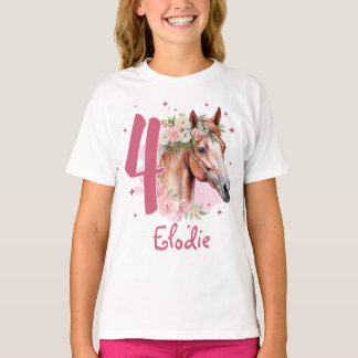 4th Birthday Girl Horse Pastel Pink Four Years T-Shirt