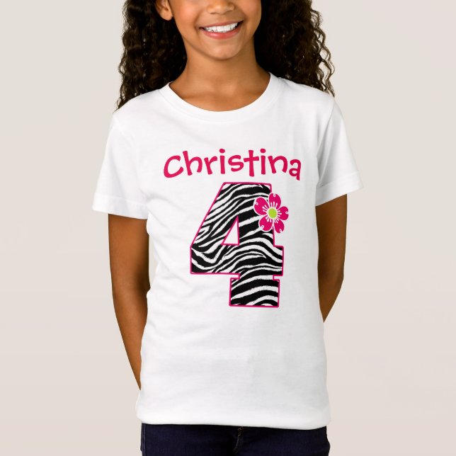 4th Birthday Girl Hot Pink & Black Zebra Pattern T-Shirt (Front)