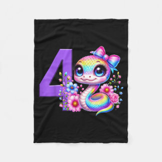 4th Birthday Girl Snake Party Rainbow Coquette Bow Fleece Blanket