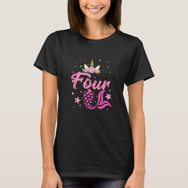 4th Birthday Girl Unicorn Mermaid Tail 4 Years Old T-Shirt (Front)