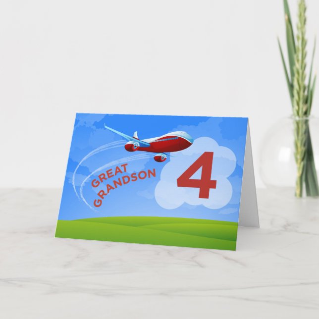 4th Birthday, Great Grandson, Red Aeroplane Card (Front)
