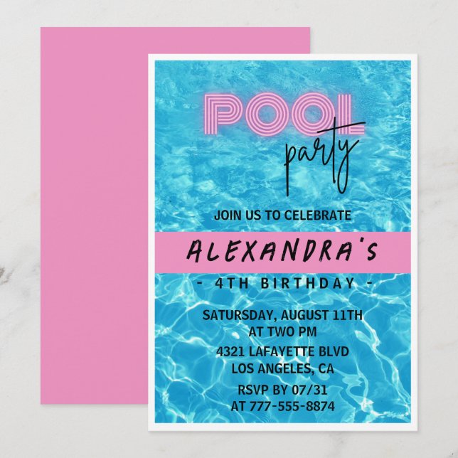 4th birthday invitation for her Pool Party Summer (Front/Back)