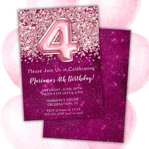 4th Birthday Invitation Girly Magenta Pink Glitter