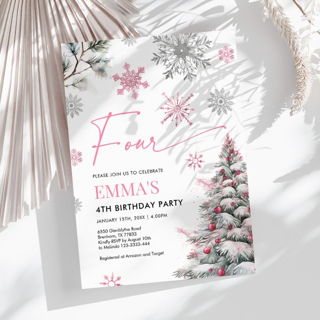 4th Birthday Invitation, Pink Winter 4th Birthday  Invitation (Creator Uploaded)