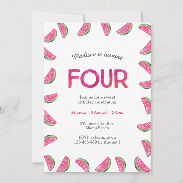 4th Birthday Invitation | tropical watermelon pink (Front)