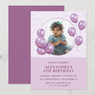 4th birthday invitations Balloons Photo Purple