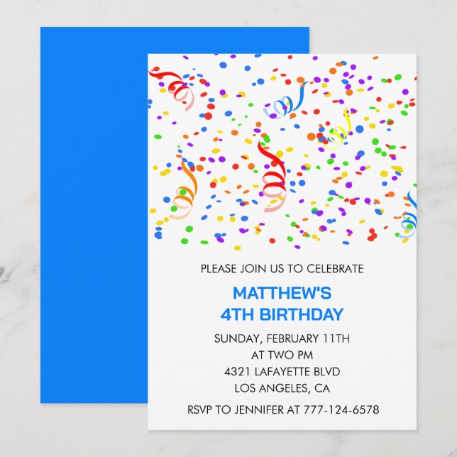 4th birthday invitations Confetti Rainbow Boy (Front/Back)
