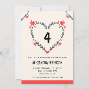 4th birthday invitations for her floral heart