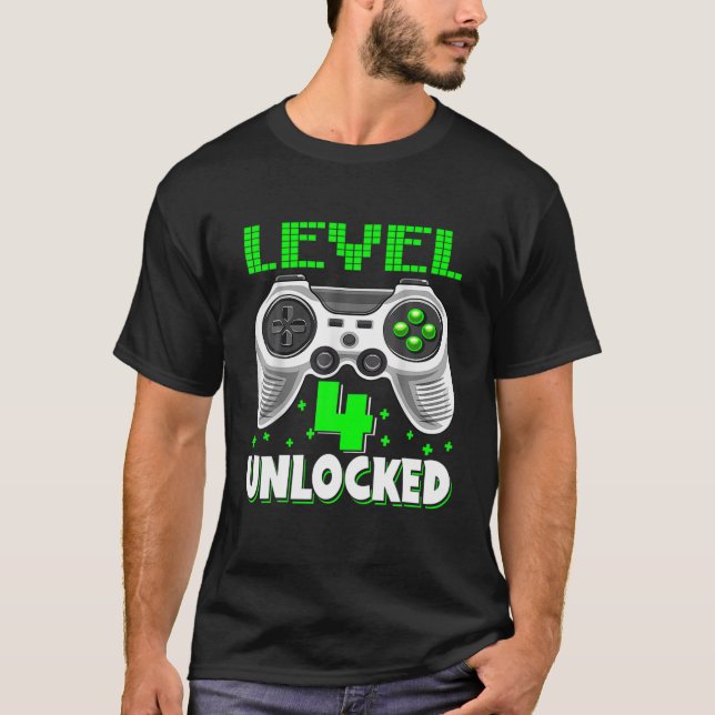 4Th Birthday Kid Four Years Old Level 4 Unlocked V T-Shirt (Front)