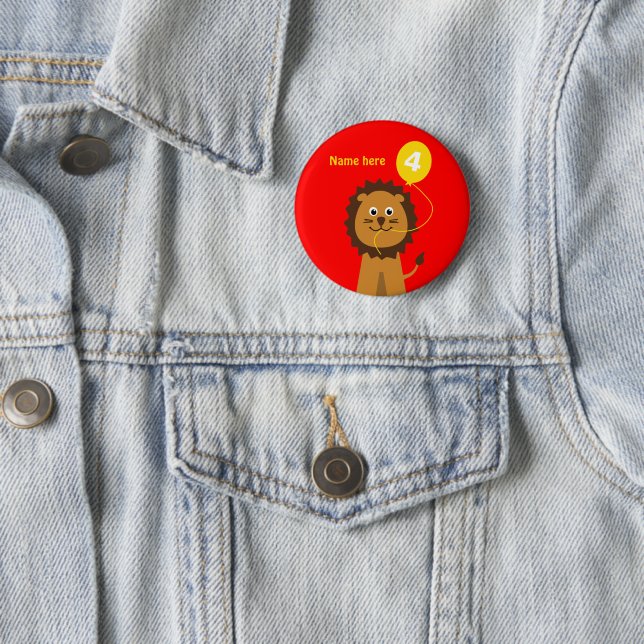 4th birthday lion add name red 6 cm round badge (In Situ)