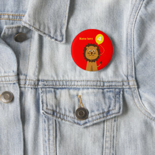 4th birthday lion add name red 6 cm round badge