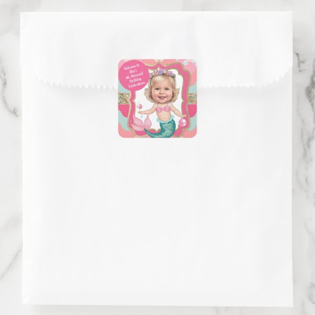 4th Birthday Mermaid-Themed Celebration  Square Sticker (Bag)