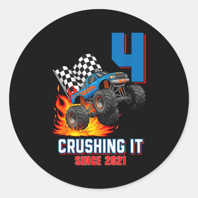 4th Birthday Monster Truck 4 Year Old Boy Born 202 Classic Round Sticker (Front)
