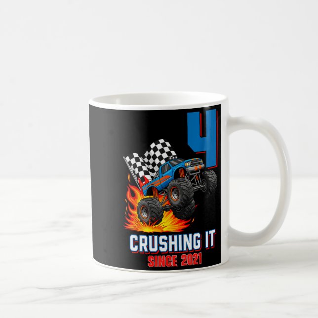 4th Birthday Monster Truck 4 Year Old Boy Born 202 Coffee Mug (Right)