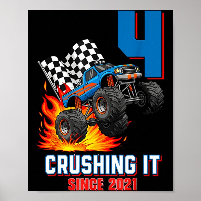 4th Birthday Monster Truck 4 Year Old Boy Born 202 Poster (Front)