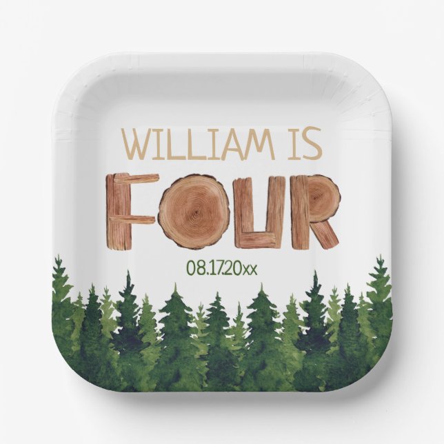 4th Birthday Name Watercolor Green Trees  Paper Plate (Front)