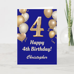 4th Birthday Navy Blue and Gold Balloons Confetti Card