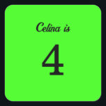 4th Birthday Neon Green Custom Age Name Colour Square Sticker<br><div class="desc">Designed with text template for custom age and elegant solid colour neon green background! Perfect for a great 4th birthday party or you may edit the text to change the age!</div>