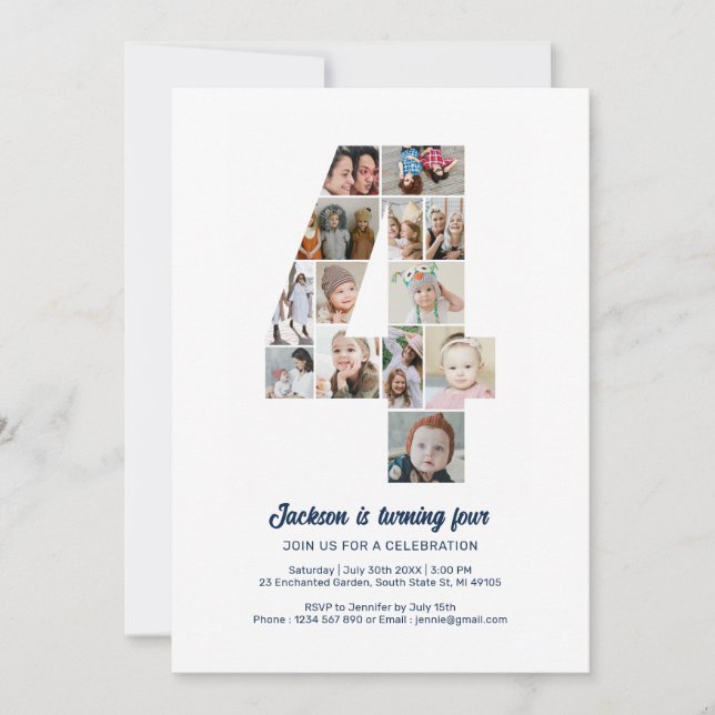 4th Birthday Number 4 Custom Photo Collage Invitation (Front)
