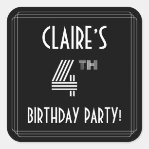 4th Birthday Party: Art Deco Style & Custom Name Square Sticker