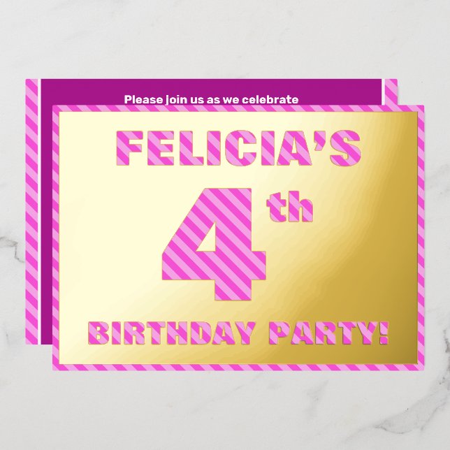 4th Birthday Party — Bold, Fun, Pink Stripes # 4 (Front/Back)