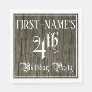 4th Birthday Party — Fancy Script, Faux Wood Look Napkin