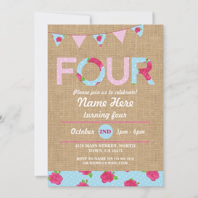 4th Birthday Party Four Burlap Rose Floral Invite (Front)