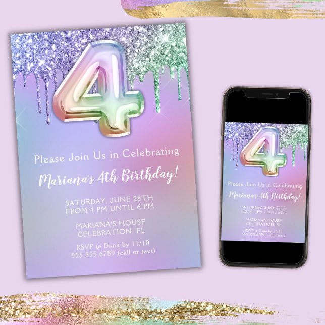 4th Birthday Party Invitation Purple Pink Glitter (Creator Uploaded)