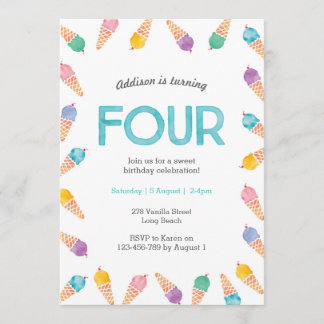 4th Birthday Party | Rainbow Ice cream invitation
