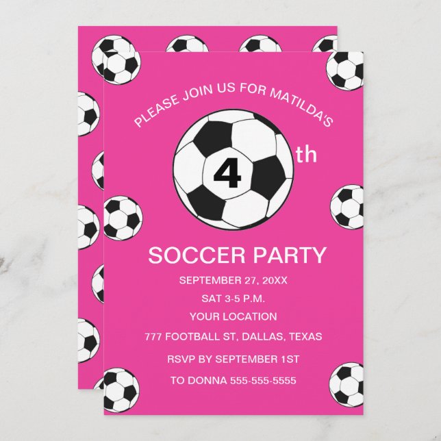 4th Birthday Party Soccer Pink Girls Sports Invitation (Front/Back)