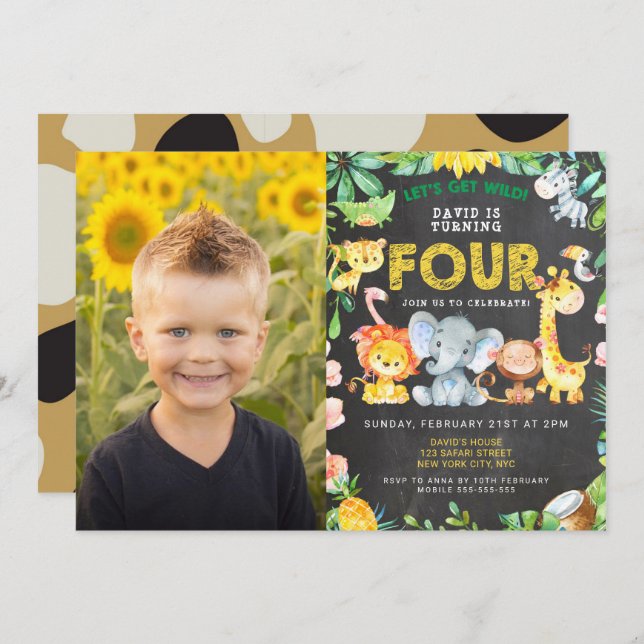 4th Birthday Party Zoo Jungle Animals Boy Photo Invitation (Front/Back)