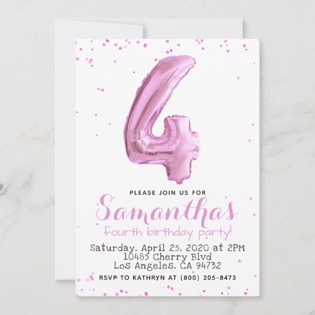 4th Birthday Pastel Pink Balloon Invitation (Front)