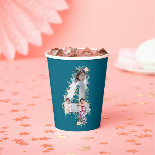 4th Birthday Photo Collage Blue Yellow Flower Teal Paper Cups