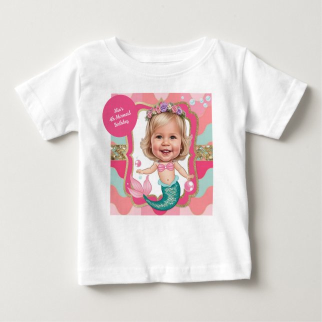 4th Birthday Pink and Teal Mermaid Caricature  Baby T-Shirt (Front)