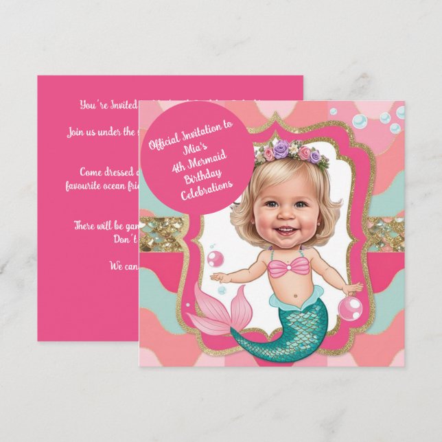 4th Birthday Pink and Teal Mermaid Caricature  Invitation (Front/Back)