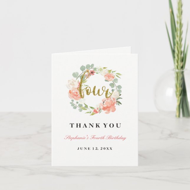 4th Birthday Pink Gold Floral Wreath Thank You Card (Front)