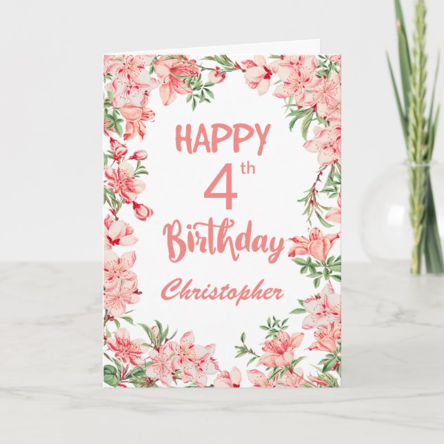 4th Birthday Pink Peach Peonies Watercolor Floral  Card (Front)