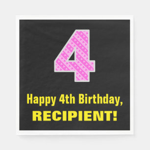 4th Birthday: Pink Stripes and Hearts "4" + Name Napkin