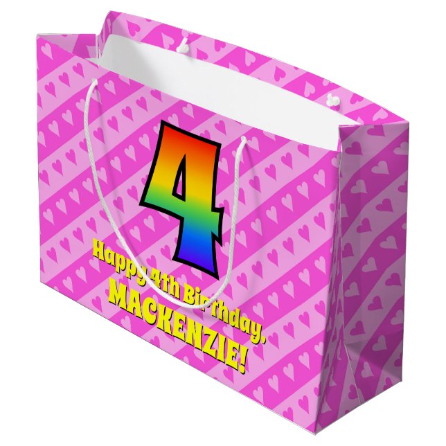 4th Birthday: Pink Stripes & Hearts, Rainbow # 4 Large Gift Bag (Back Angled)