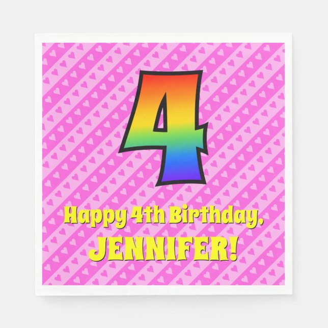 4th Birthday: Pink Stripes & Hearts, Rainbow # 4 Napkin (Front)
