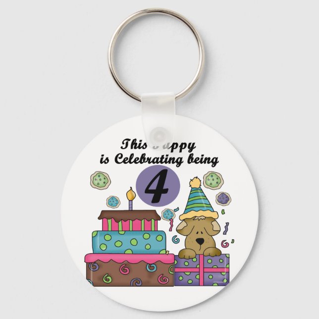 4th Birthday Puppy T-shirts and Gifts Key Ring (Front)