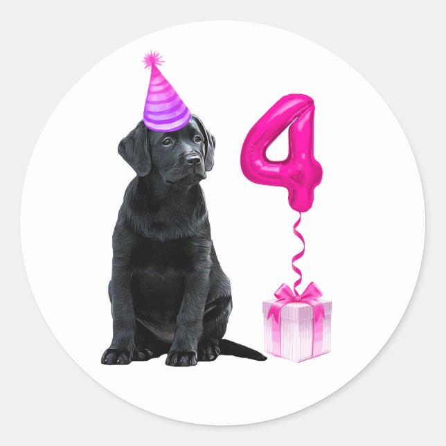 4th Birthday Puppy Theme- Cute Dog Pink Girl Pawty Classic Round Sticker (Front)
