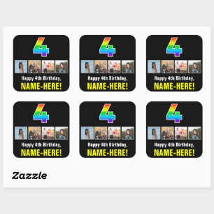 4th Birthday: Rainbow “4”; Custom Photos & Name Square Sticker