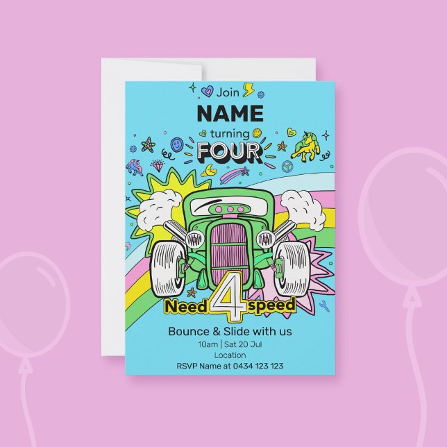 4th Birthday Rainbow Hot Rod Need 4 Speed Invite (Creator Uploaded)