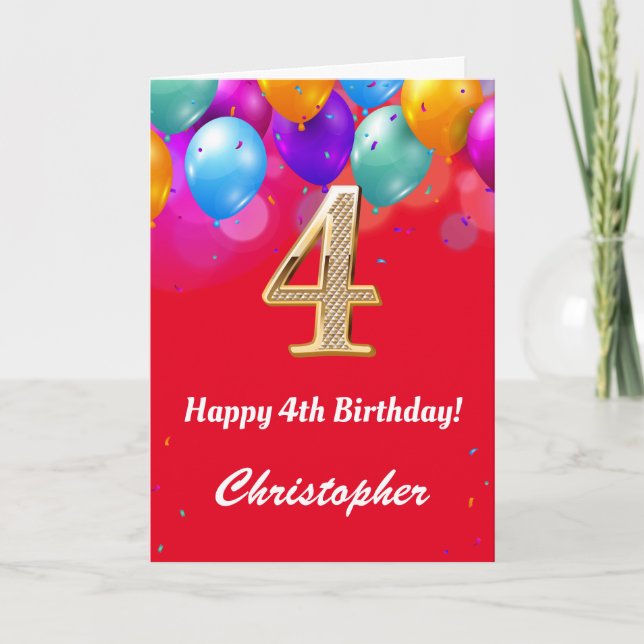 4th Birthday Red and Gold Colourful Balloons Card (Front)